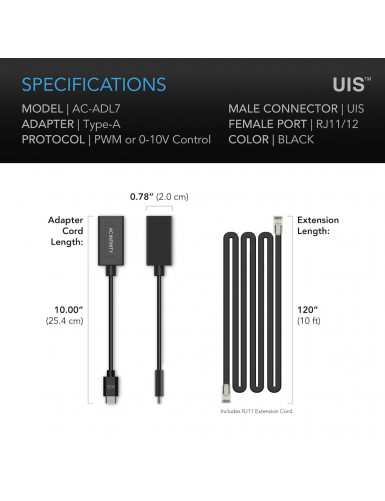 AC Infinity UIS Lighting Adapter Type-A, voor RJ11/12-connectorlampen met PWM- of 0-10V-dimmers