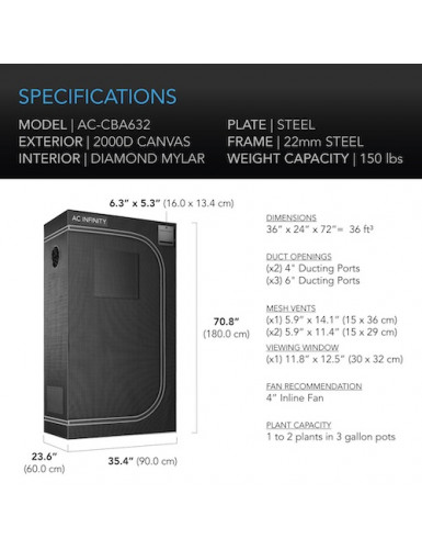 AC Infinity CLOUDLAB 632, Advance kweektent 90 x 60 x 180 cm, 2000D Diamond Mylar-stof