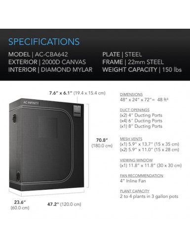 AC Infinity CLOUDLAB 642, Advance kweektent 120 x 60 x 180 cm, 2000D Diamond Mylar-stof