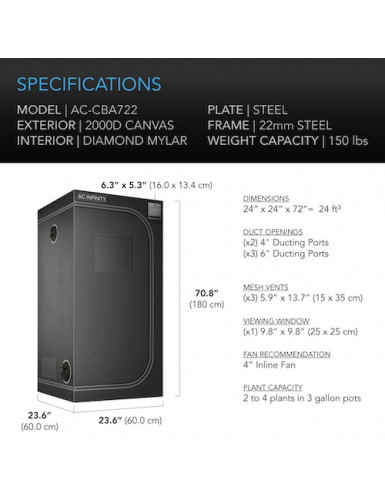 AC Infinity CLOUDLAB 722, Advance kweektent 60 x 60 x 180 cm, 2000D Diamond Mylar-stof