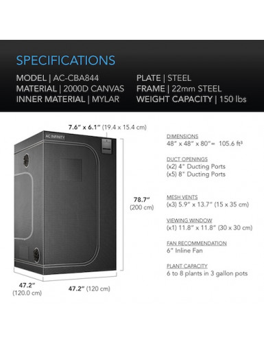 AC Infinity CLOUDLAB 844, Advance kweektent 120 x 120 x 200 cm, 2000D Diamond Mylar-stof