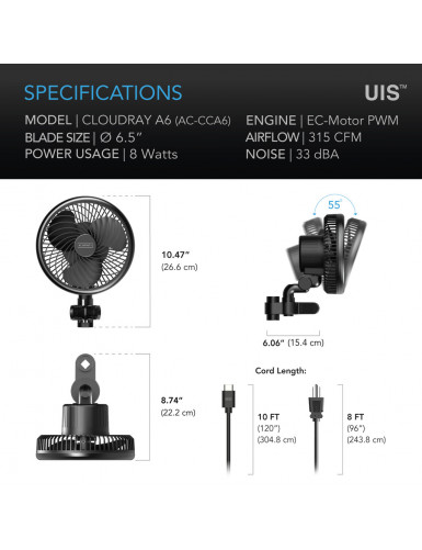 AC-Infinity Cloudray A6, clipventilator voor kweektenten, 150 mm