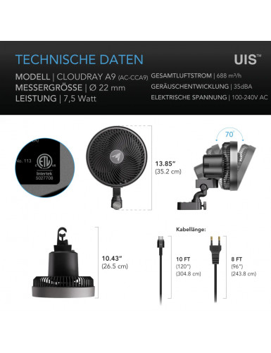 AC-Infinity Cloudray A9, clipventilator voor kweektenten, 225 mm