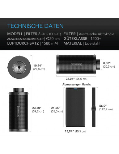 AC Infinity Actief koolstoffilter XL 200 mm 1580 m³/h