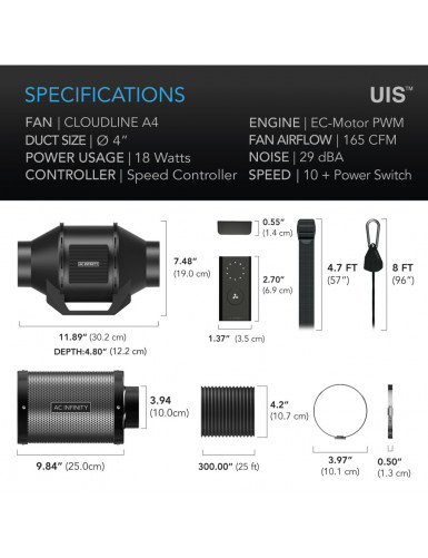AC Infinity Luchtfilterset 100 mm, inline kanaalventilator, snelheidsregelaar en actief koolstoffilter