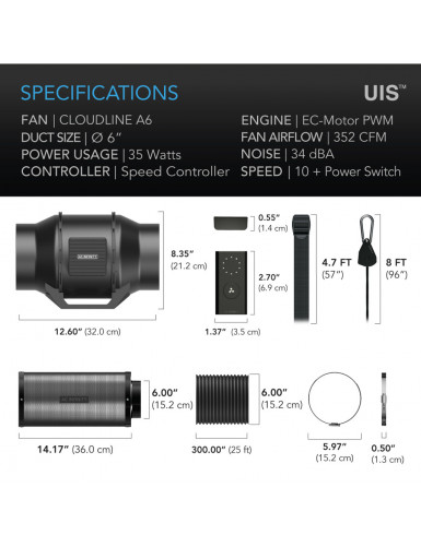 AC Infinity Luchtfilterset 150 mm, inline kanaalventilator, snelheidsregelaar en actief koolstoffilter