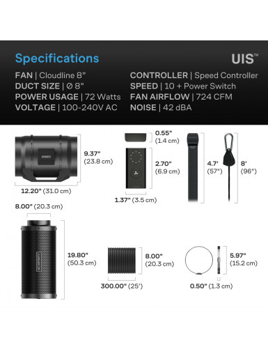 AC Infinity Luchtfilterset 200 mm, inline kanaalventilator, snelheidsregelaar en actief koolstoffilter