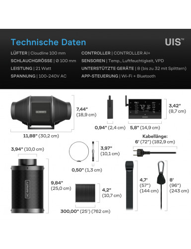 AC Infinity Luchtfilterset PRO 100 mm, inline-ventilator met AI+ controller en koolstoffilter 