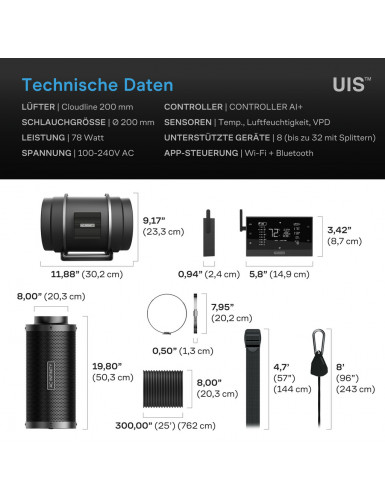 AC Infinity Luchtfilterset PRO 200 mm, inline-ventilator met AI+ controller en koolstoffilter 